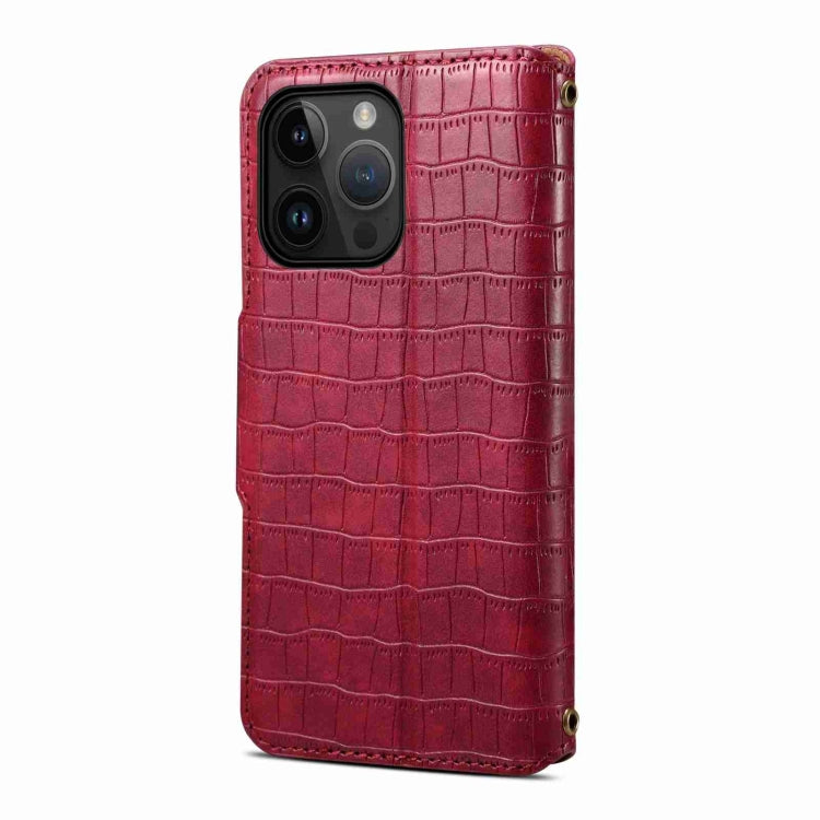 For iPhone 15 Pro Max Denior Crocodile Texture Oil Edge Leather Phone Case(Rose Red) - iPhone 15 Pro Max Cases by Denior | Online Shopping UK | buy2fix