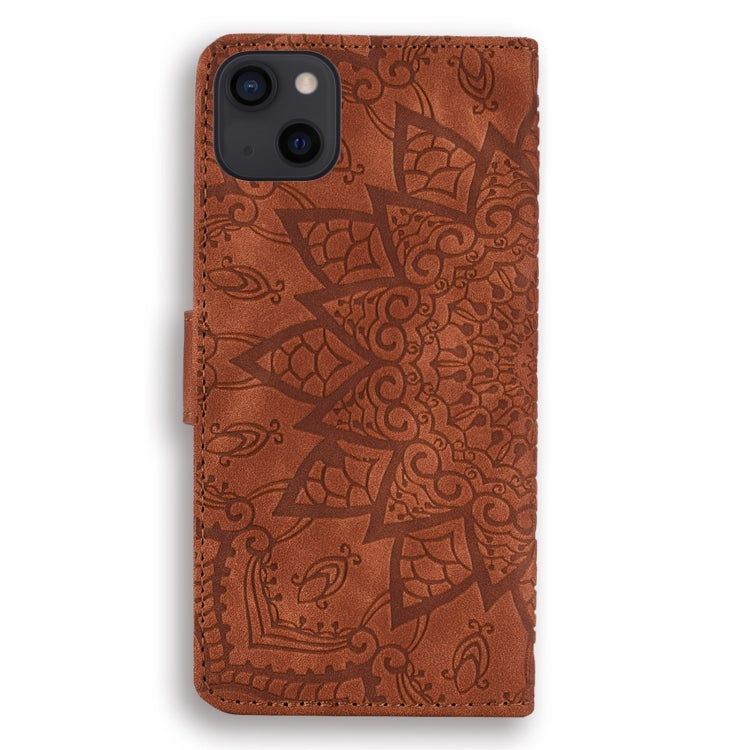 For iPhone 15 Pro Max Mandala Embossed Dual-Fold Calf Leather Phone Case(Brown) - iPhone 15 Pro Max Cases by buy2fix | Online Shopping UK | buy2fix
