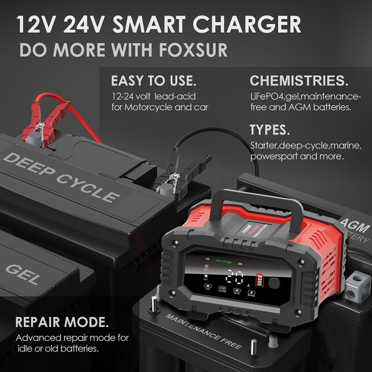 FOXSUR 12V / 24V 20A 300W Portable Motorcycle Car Smart Battery Charger(EU Plug) - Battery Charger by FOXSUR | Online Shopping UK | buy2fix