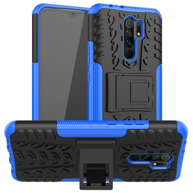 For Xiaomi Redmi 9 Tire Texture Shockproof TPU + PC Protective Case with Holder(Blue) - Xiaomi Accessories by buy2fix | Online Shopping UK | buy2fix