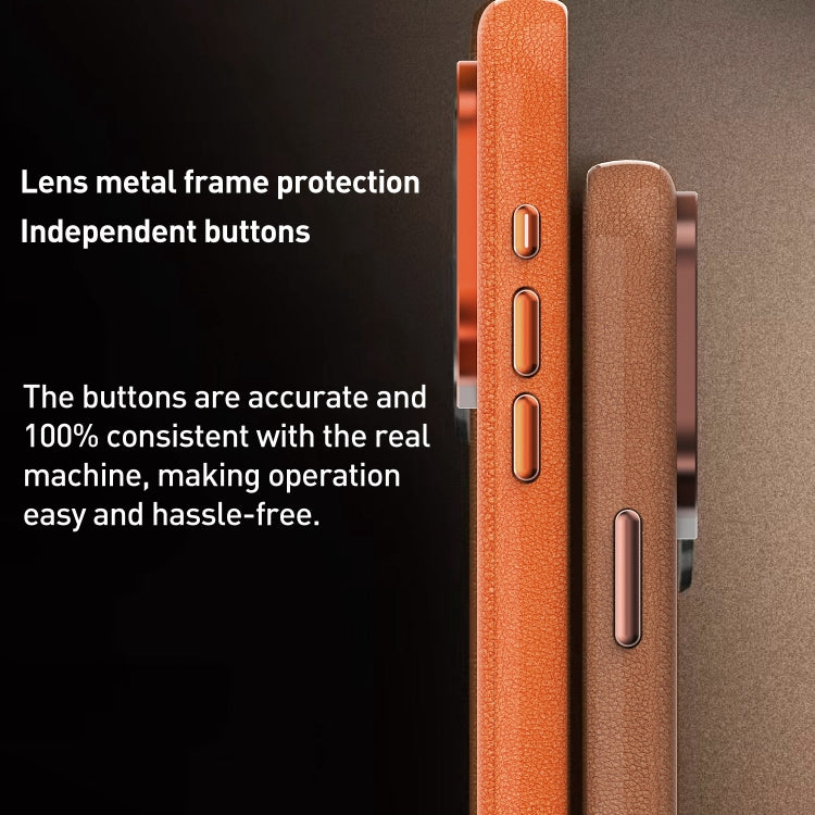 For iPhone 15 Metal Lens Frame Leather Magsafe Full Coverage Shockproof Phone Case(Orange) - iPhone 15 Cases by buy2fix | Online Shopping UK | buy2fix