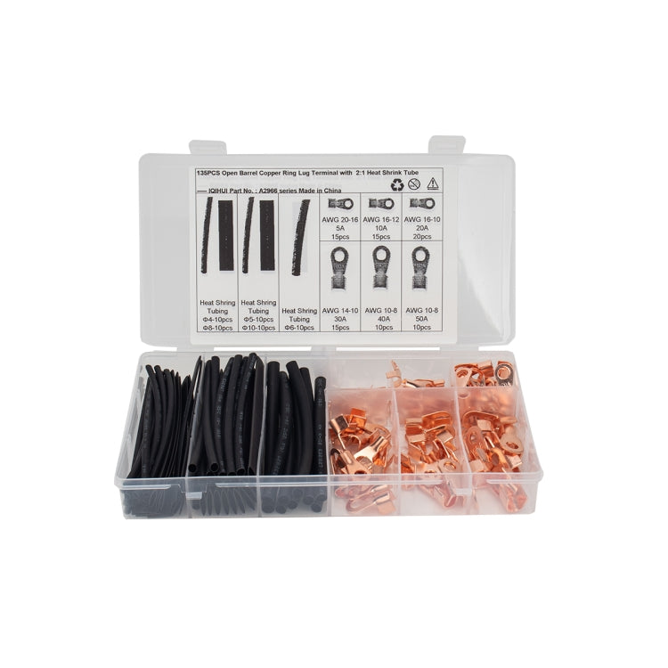 135 PCS Icstation Open Barrel Pure Copper Ring Lug Wire Crimp Terminals Assortment Kit with Heat Shrink Tube - In Car by buy2fix | Online Shopping UK | buy2fix