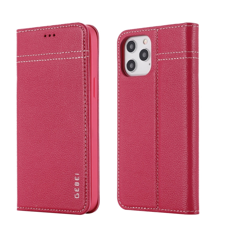 For iPhone 12 Pro Max GEBEI Top-grain Leather Horizontal Flip Protective Case with Holder & Card Slots(Rose Red) - iPhone 12 Pro Max Cases by GEBEI | Online Shopping UK | buy2fix