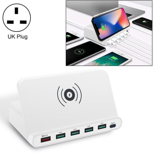 828W 7 in 1 60W QC 3.0 USB Interface + 4 USB Ports + USB-C / Type-C Interface + Wireless Charging Multi-function Charger with Mobile Phone Holder Function, UK Plug(White) - Multifunction Charger by buy2fix | Online Shopping UK | buy2fix