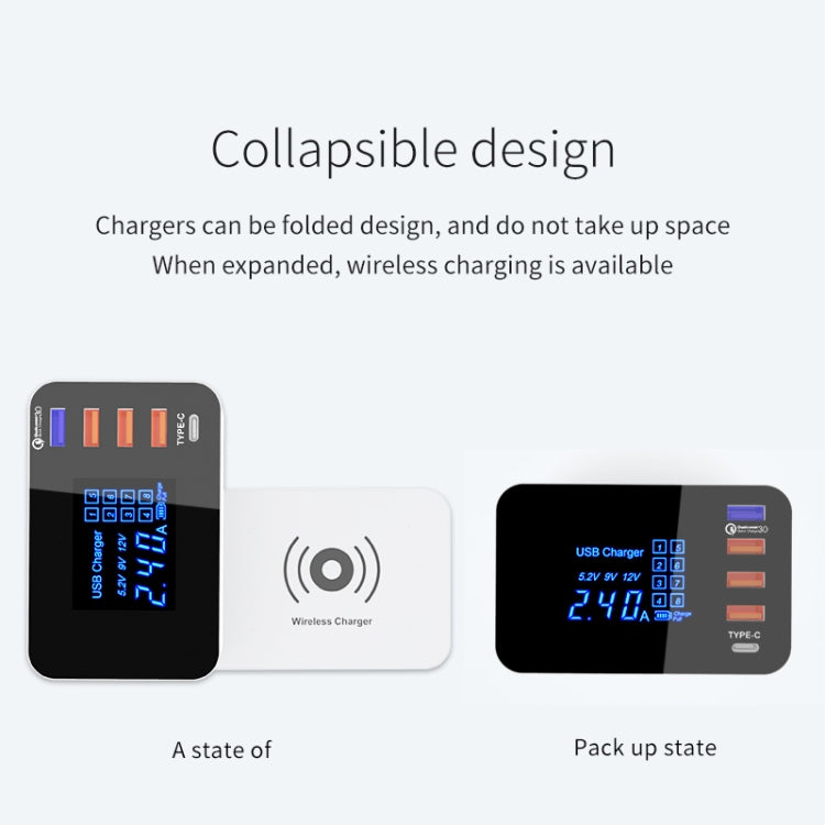 CDA33QW 40W QC 3.0 USB Ports + 3 USB Ports + USB-C / Type-C Ports + Wireless Charging Multi-function Foldable Charger with LED Display, EU Plug - Multifunction Charger by buy2fix | Online Shopping UK | buy2fix