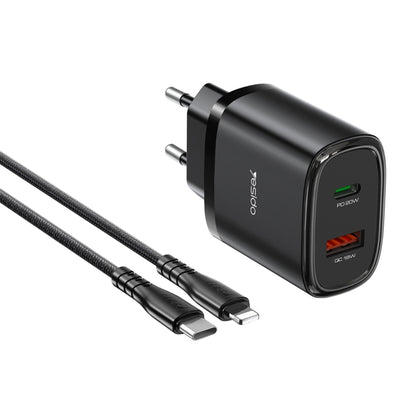 Yesido YC47 USB-C / Type-C + USB Travel Charger with 1m USB-C / Type-C to 8 Pin Cable, EU Plug (Black) - USB Charger by Yesido | Online Shopping UK | buy2fix