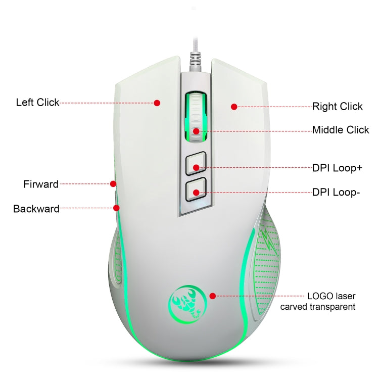HXSJ X100 7-buttons 3600 DPI Cool Glowing Wired Gaming Mouse, Cable Length: 1.5m (White) - Wired Mice by HXSJ | Online Shopping UK | buy2fix