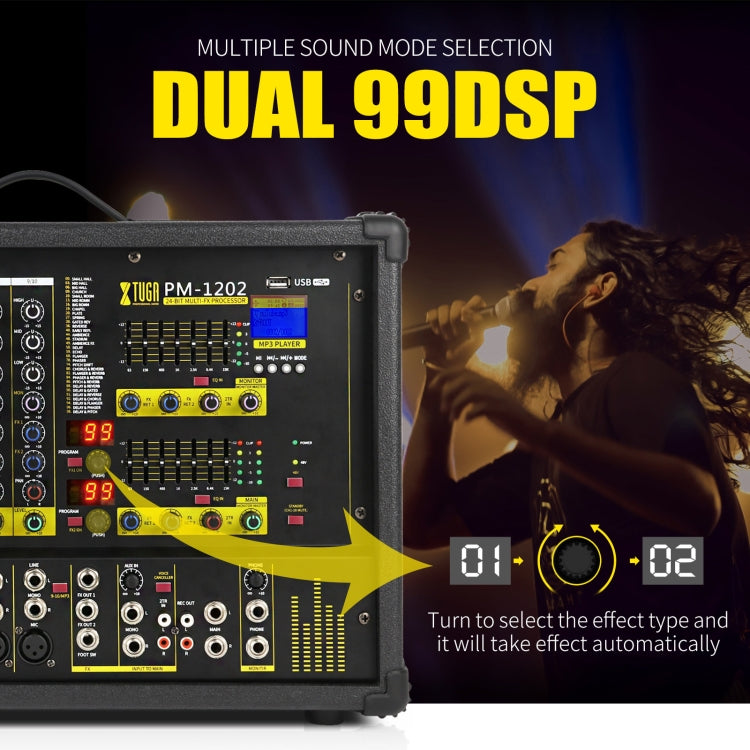 XTUGA PM1202 900W 10 Channel Stage Power Mixer 24Bit Multil-FX Processor Dual 99 DSP Effect DJ Amplifier (EU Plug) - Live Sound Effects Processors by XTUGA | Online Shopping UK | buy2fix