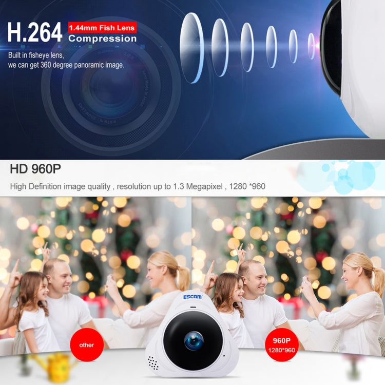 ESCAM Q8 960P 360 Degrees Fisheye Lens 1.3MP WiFi IP Camera, Support Motion Detection / Night Vision, IR Distance: 5-10m, UK Plug(White) - 360 Degree Camera by ESCAM | Online Shopping UK | buy2fix