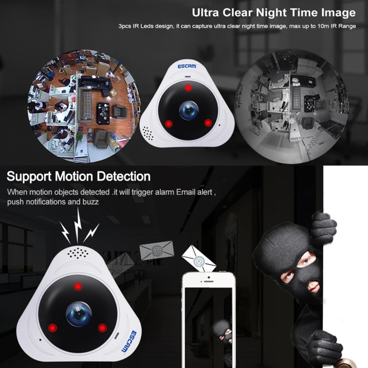 ESCAM Q8 960P 360 Degrees Fisheye Lens 1.3MP WiFi IP Camera, Support Motion Detection / Night Vision, IR Distance: 5-10m, EU Plug(White) - 360 Degree Camera by ESCAM | Online Shopping UK | buy2fix