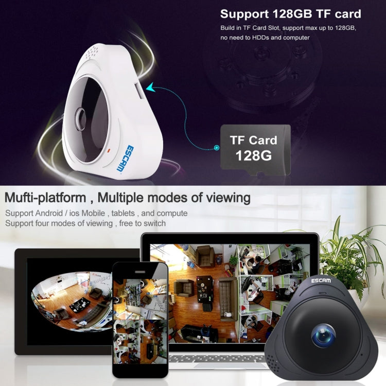 ESCAM Q8 960P 360 Degrees Fisheye Lens 1.3MP WiFi IP Camera, Support Motion Detection / Night Vision, IR Distance: 5-10m, EU Plug(White) - Security by ESCAM | Online Shopping UK | buy2fix