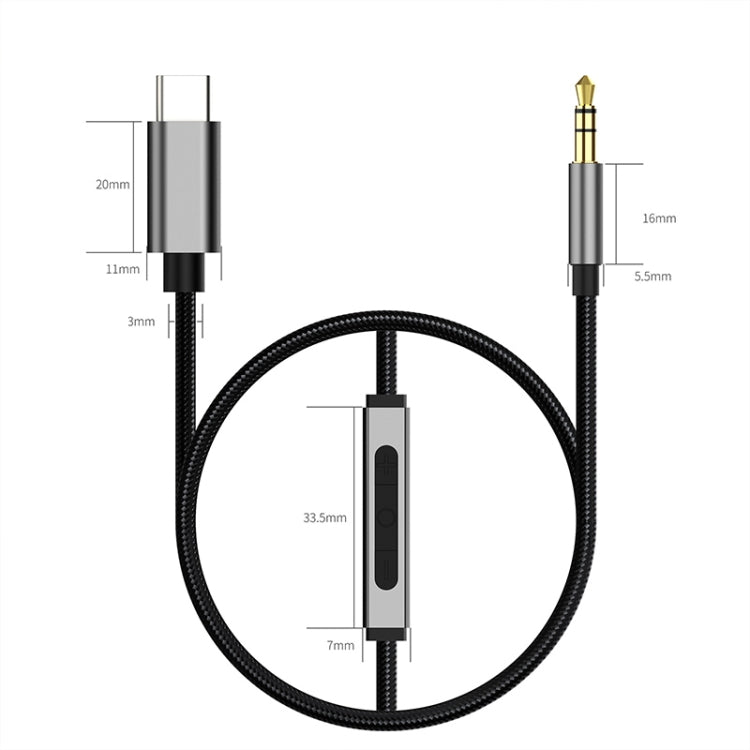 TA131-R1 USB-C / Type-C Male to 3.5mm AUX Male Earphone Adapter Cable with Wire Control, Cable Length: 1.2m (Grey) - Type-C Adapter by buy2fix | Online Shopping UK | buy2fix
