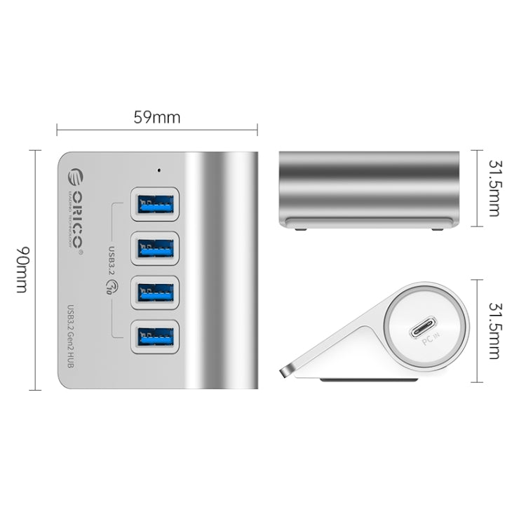 ORICO M3U4 Aluminum Alloy 4-Port USB 3.2 Gen1 10Gbps HUB (Silver) - USB 3.0 HUB by ORICO | Online Shopping UK | buy2fix