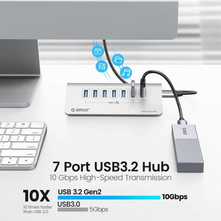 ORICO M3U7-G2 Aluminum Alloy 7-Port USB 3.2 Gen2 10Gbps HUB with 1m Cable (Silver) -  by ORICO | Online Shopping UK | buy2fix