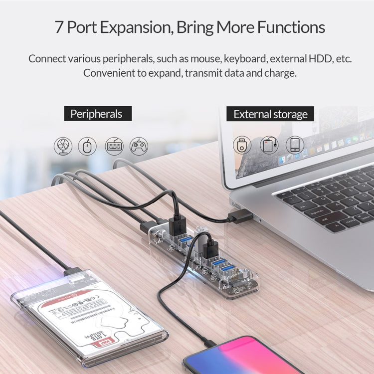 ORICO F7U 7 x USB 3.0 Ports 5Gbps Fast Transmission Desktop HUB with Blue LED Indicator Light (Transparent) - USB 3.0 HUB by ORICO | Online Shopping UK | buy2fix