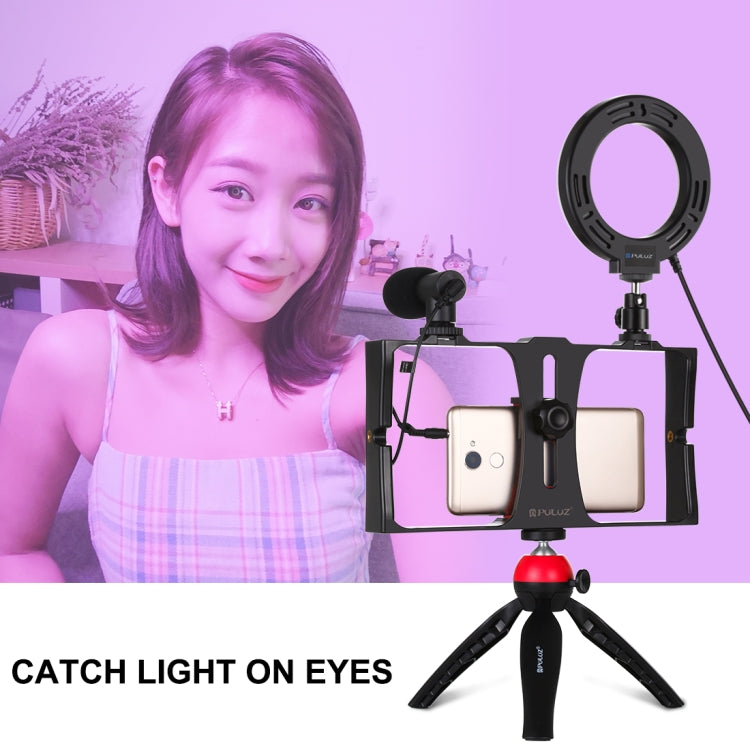 PULUZ 4 in 1 Vlogging Live Broadcast Smartphone Video Rig + 4.7 inch 12cm RGBW Ring LED Selfie Light + Microphone + Pocket Tripod Mount Kits with Cold Shoe Tripod Head(Red) - Camera Accessories by PULUZ | Online Shopping UK | buy2fix