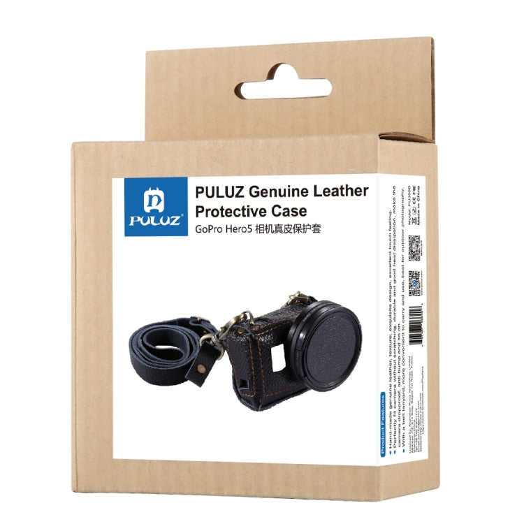 PULUZ for GoPro HERO7 Black /6 /5 Litchi Texture Genuine Leather Housing Case with Set Key Hole & Neck Strap & 52mm UV Lens(Black) - Leather Cases by PULUZ | Online Shopping UK | buy2fix