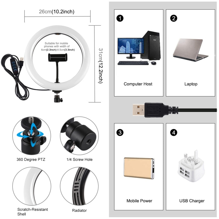 PULUZ 10.2 inch 26cm USB 3 Modes Dimmable Dual Color Temperature LED Curved Diffuse Light Ring Vlogging Selfie Photography Video Lights with Phone Clamp(Black) - Ring Light by PULUZ | Online Shopping UK | buy2fix