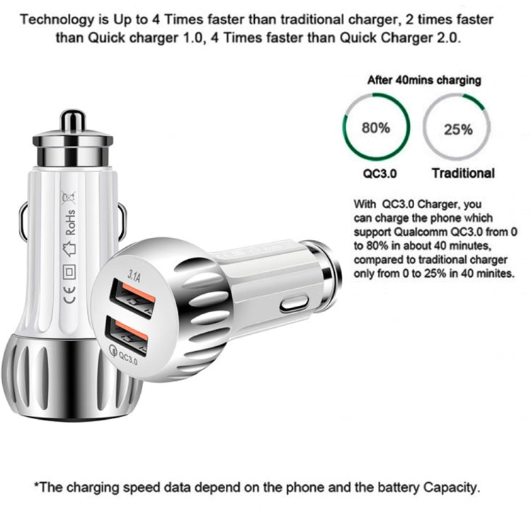 YSY-310QC18W QC3.0 Dual Port USB Car Charger + 3A USB to USB-C / Type-C Data Cable, Cable Length: 1m(White) - Car Charger by buy2fix | Online Shopping UK | buy2fix