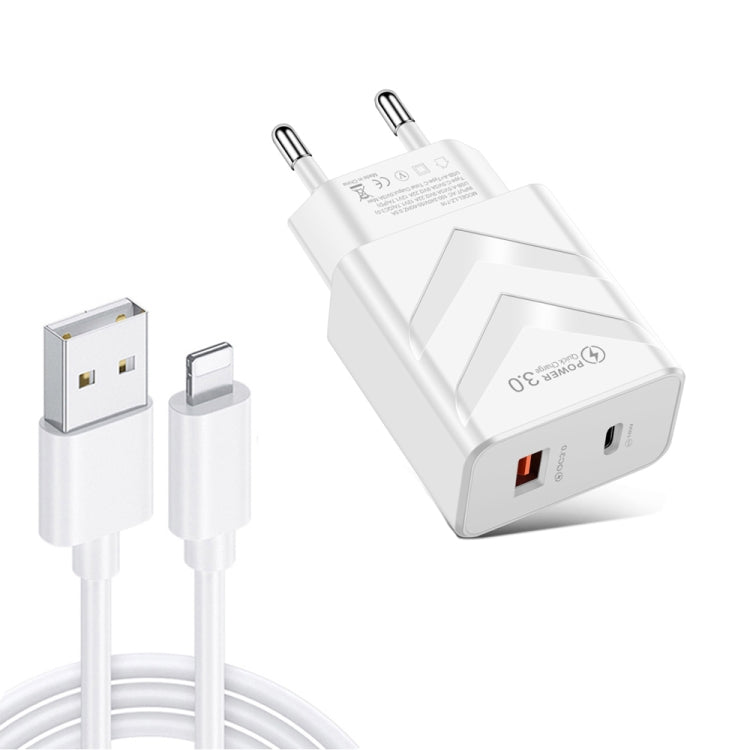 LZ-715 20W PD + QC 3.0 Dual-port Fast Charge Travel Charger with USB to 8 Pin Data Cable, EU Plug(White) - Apple Accessories by buy2fix | Online Shopping UK | buy2fix