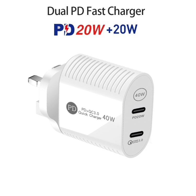 40W Dual Port PD / Type-C Fast Charger for iPhone / iPad Series, UK Plug(White) - USB Charger by buy2fix | Online Shopping UK | buy2fix