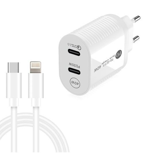 40W Dual Port PD / Type-C Fast Charger with Type-C to 8 Pin Data Cable, EU Plug(White) - USB Charger by buy2fix | Online Shopping UK | buy2fix