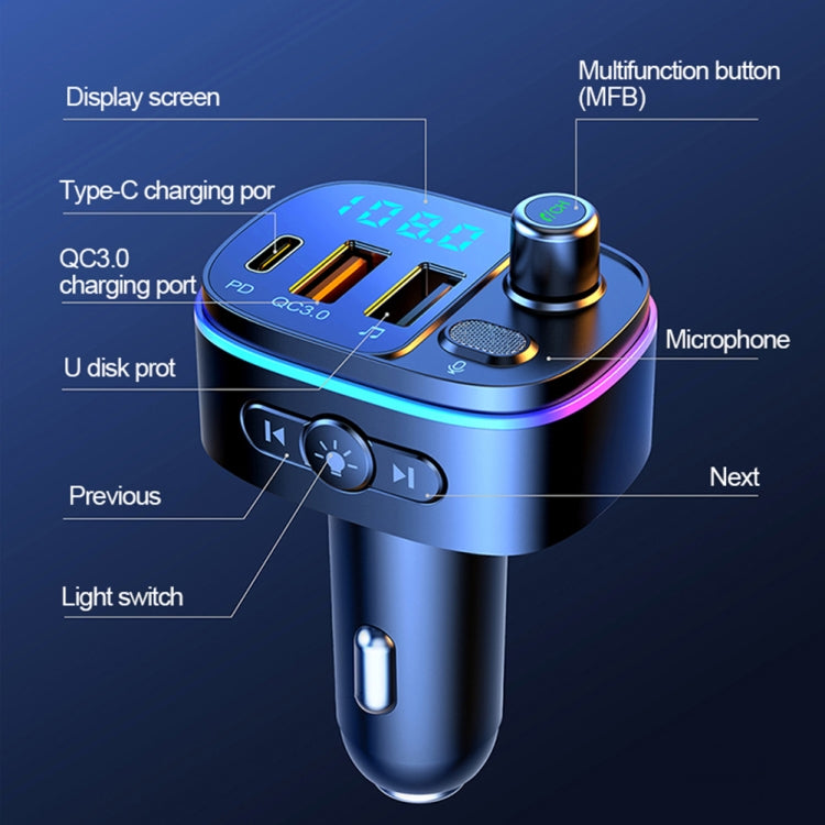 T65 Car Bluetooth FM Transmitter Dual USB Type-C QC3.0 Charger - In Car by buy2fix | Online Shopping UK | buy2fix