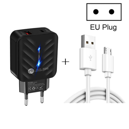 PD03 20W PD3.0 + QC3.0 USB Charger with USB to Micro USB Data Cable, EU Plug(Black) - Mobile Accessories by buy2fix | Online Shopping UK | buy2fix