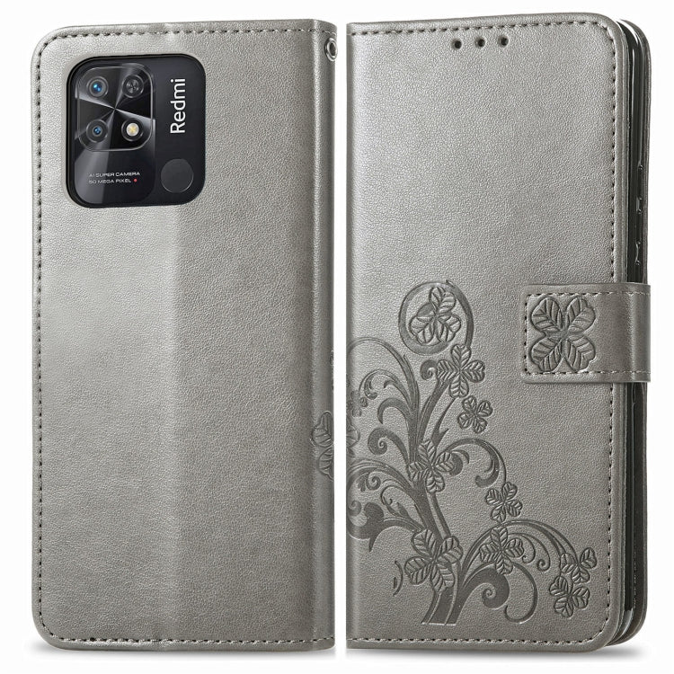 For Xiaomi Redmi 10C Four-leaf Clasp Embossed Buckle Leather Phone Case(Gray) - Xiaomi Accessories by buy2fix | Online Shopping UK | buy2fix