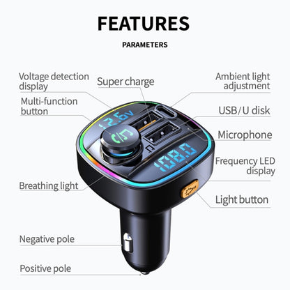 C22 Car Bluetooth 5.0 FM Transmitter LED Light Voltage Display QC 3.0 PD Charger - In Car by buy2fix | Online Shopping UK | buy2fix
