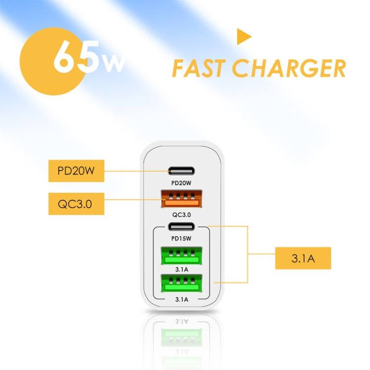 65W Dual PD Type-C + 3 x USB Multi Port Charger with 3A Type-C to 8 Pin Data Cable, UK Plug(White) - Apple Accessories by buy2fix | Online Shopping UK | buy2fix