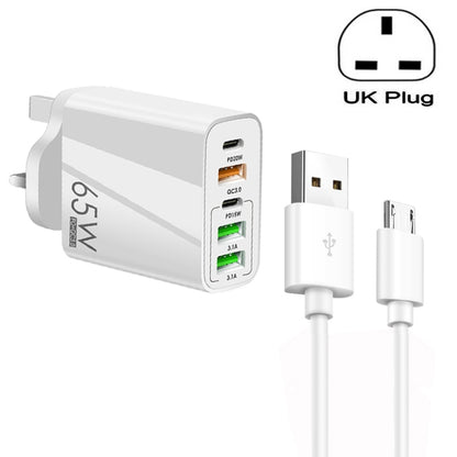 65W Dual PD Type-C + 3 x USB Multi Port Charger with 3A USB to Micro USB Data Cable, UK Plug(White) - Mobile Accessories by buy2fix | Online Shopping UK | buy2fix