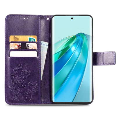 For Honor Magic5 Lite Four-leaf Clasp Embossed Buckle Leather Phone Case(Purple) - Honor Cases by buy2fix | Online Shopping UK | buy2fix
