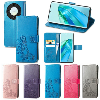For Honor Magic5 Lite Four-leaf Clasp Embossed Buckle Leather Phone Case(Blue) - Honor Cases by buy2fix | Online Shopping UK | buy2fix