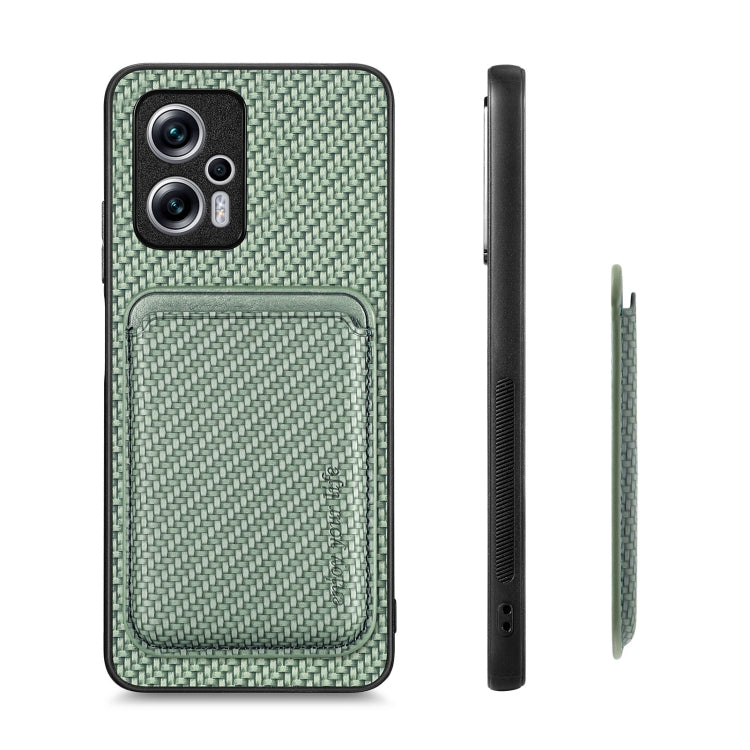 For Redmi Note 11T Pro 5G Carbon Fiber Leather Card Magsafe Phone Case(Green) - Xiaomi Cases by buy2fix | Online Shopping UK | buy2fix