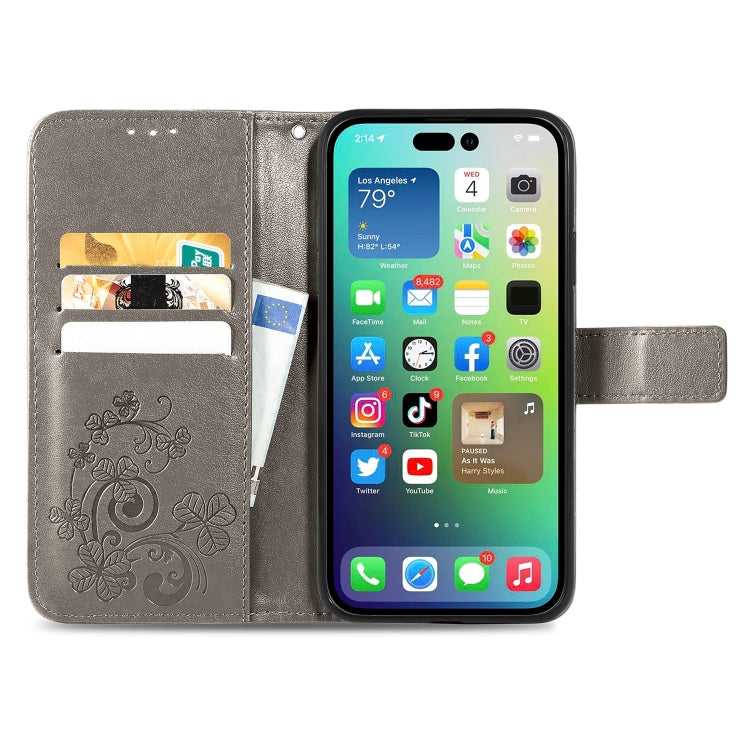 For iPhone 15 Plus Four-leaf Clasp Embossed Buckle Leather Phone Case(Gray) - iPhone 15 Plus Cases by buy2fix | Online Shopping UK | buy2fix
