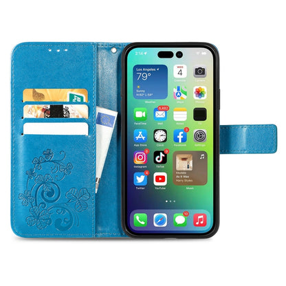 For iPhone 15 Pro Four-leaf Clasp Embossed Buckle Leather Phone Case(Blue) - iPhone 15 Pro Cases by buy2fix | Online Shopping UK | buy2fix