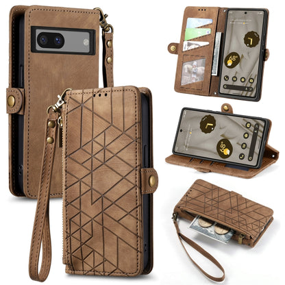 For Google Pixel 7 Geometric Zipper Wallet Side Buckle Leather Phone Case(Brown) - Google Cases by buy2fix | Online Shopping UK | buy2fix