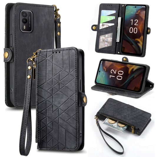 For Nokia XR21 Geometric Zipper Wallet Side Buckle Leather Phone Case(Black) - Nokia Cases by buy2fix | Online Shopping UK | buy2fix