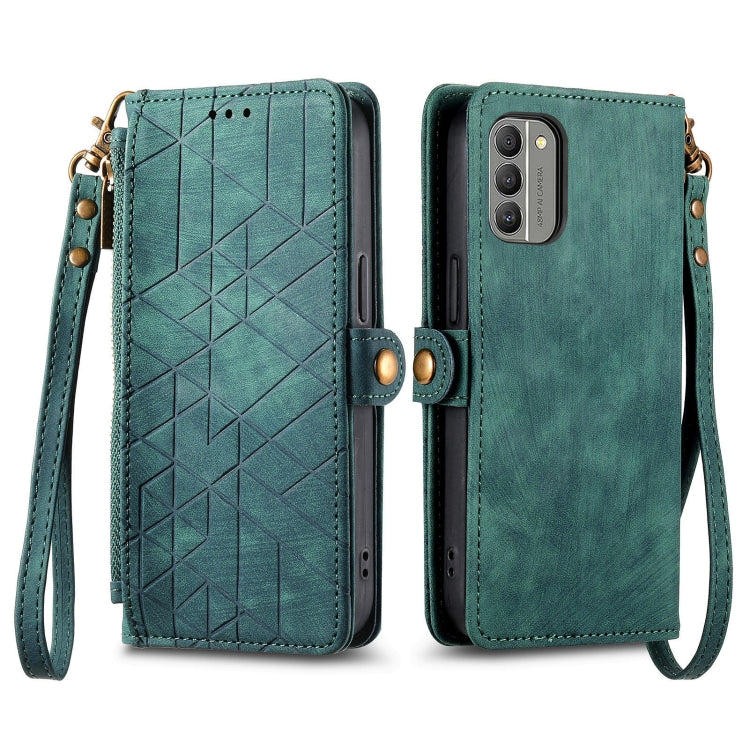 For Nokia C12 Geometric Zipper Wallet Side Buckle Leather Phone Case(Green) - Nokia Cases by buy2fix | Online Shopping UK | buy2fix