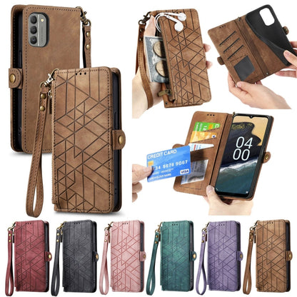 For Nokia G11/G21 Geometric Zipper Wallet Side Buckle Leather Phone Case(Brown) - Nokia Cases by buy2fix | Online Shopping UK | buy2fix