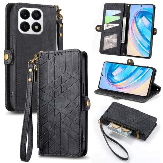 For Honor X8A Geometric Zipper Wallet Side Buckle Leather Phone Case(Black) - Honor Cases by buy2fix | Online Shopping UK | buy2fix