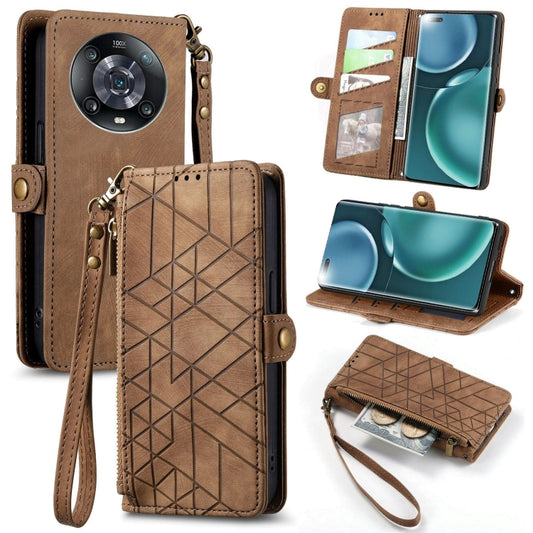 For Honor Magic4 Geometric Zipper Wallet Side Buckle Leather Phone Case(Brown) - Honor Cases by buy2fix | Online Shopping UK | buy2fix