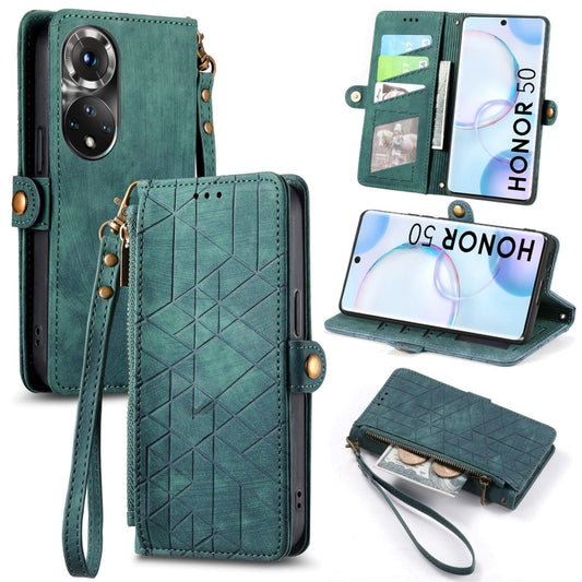 For Honor 50 Geometric Zipper Wallet Side Buckle Leather Phone Case(Green) - Honor Cases by buy2fix | Online Shopping UK | buy2fix