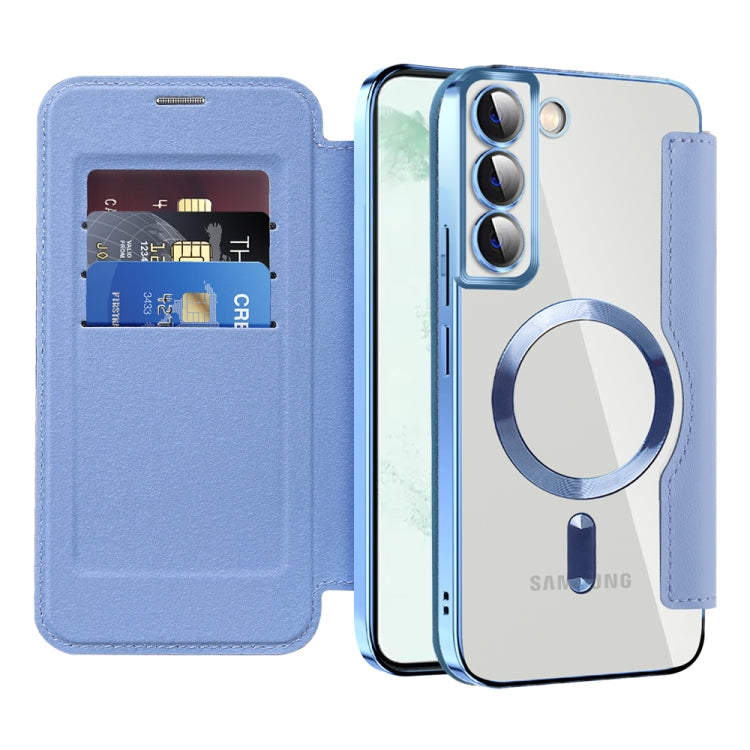 For Samsung Galaxy S22+ 5G Shield Magsafe RFID Anti-theft Rhombus Leather Phone Case(Blue) - Galaxy S22+ 5G Cases by buy2fix | Online Shopping UK | buy2fix