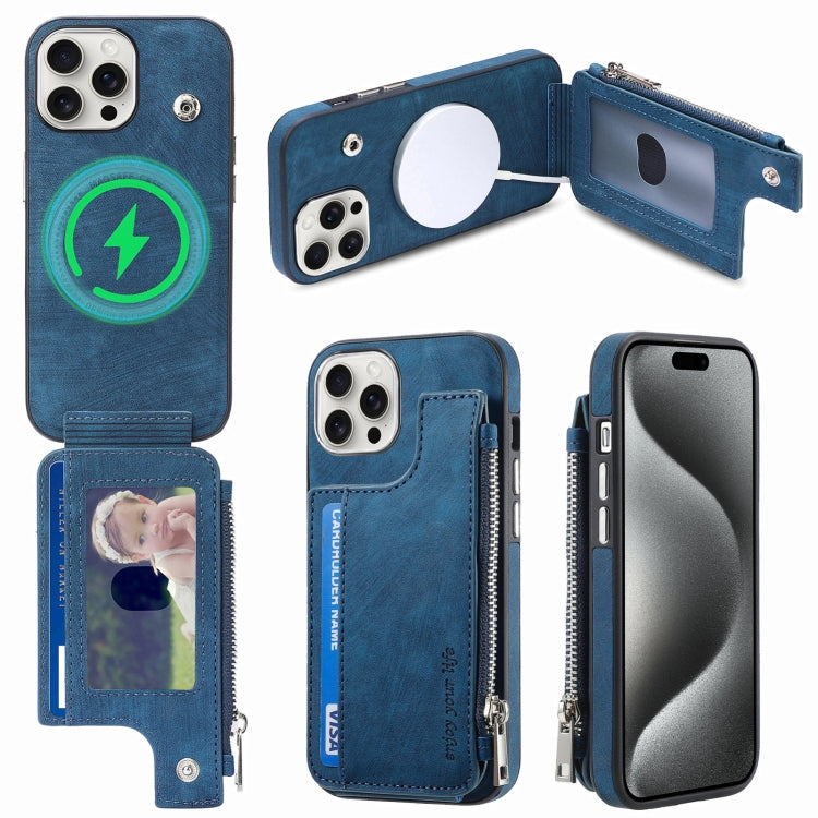 For iPhone 15 Pro Max Magsafe Zipper RFID Wallet All-inclusive Shockrpoof Phone Case(Blue) - iPhone 15 Pro Max Cases by buy2fix | Online Shopping UK | buy2fix