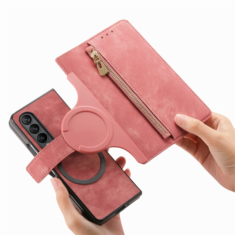 For Samsung Galaxy Z Fold4 Retro MagSafe Magnetic Zipper Wallet Leather Phone Case(Pink) - Galaxy Z Fold4 5G Cases by buy2fix | Online Shopping UK | buy2fix