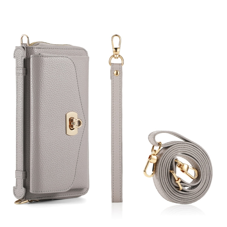 For iPhone 15 MagSafe Crossbody Multi-functional Zipper Wallet Litchi Leather Phone Case(Grey) - iPhone 15 Cases by buy2fix | Online Shopping UK | buy2fix