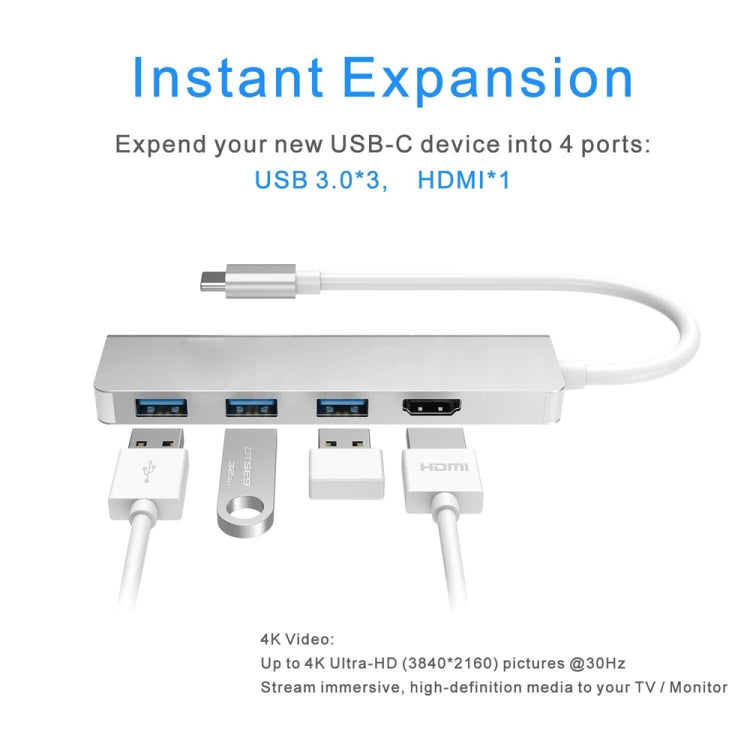 USB-C Hub, Type-C Adapter To HDMI,3 USB 3.0, Portable Aluminum USB C Dongle For MacBook Pro 2018/2017/2016 Chromebook Pixel, DELL XPS13 - Computer & Networking by buy2fix | Online Shopping UK | buy2fix