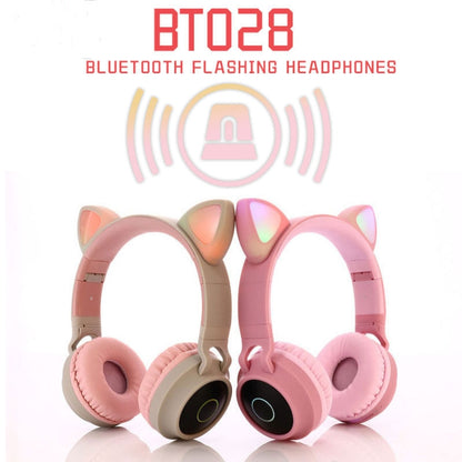 BT028C Cute Cat Ear Bluetooth 5.0 Headphones Foldable On-Ear Stereo Wireless Headset Headphone with Mic / LED Light / FM Radio / TF Card(Pink) - Headset & Headphone by buy2fix | Online Shopping UK | buy2fix